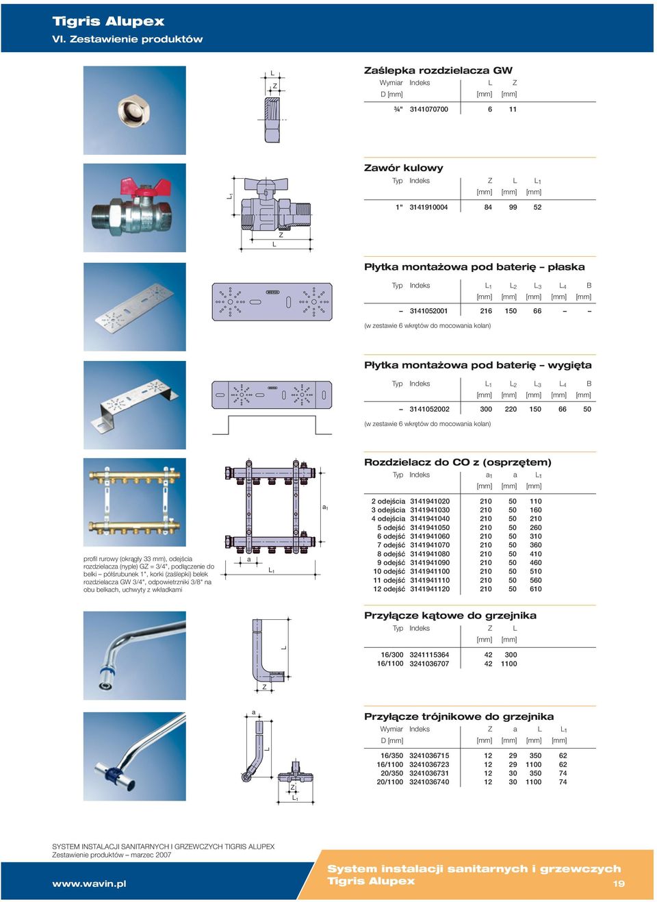 rurowy (okrągły 33 mm), odejścia rozdzielacza (nyple) G = 3/4", podłączenie do belki półśrubunek 1", korki (zaślepki) belek rozdzielacza GW 3/4", odpowietrzniki 3/8" na obu belkach, uchwyty z