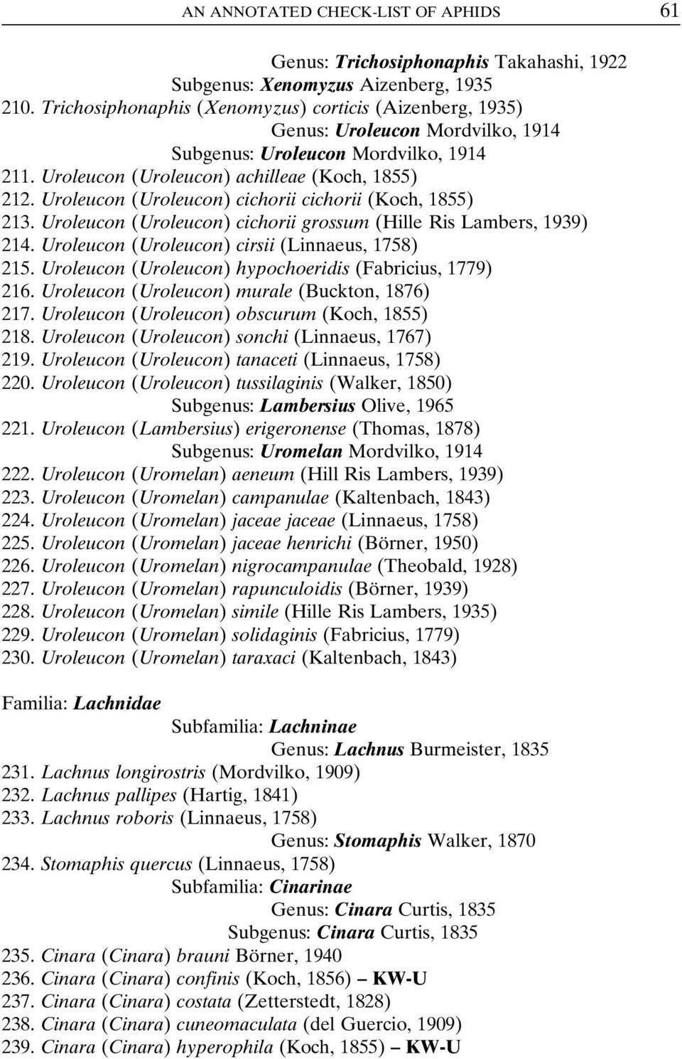 Uroleucon (Uroleucon) cichorii cichorii (Koch, 1855) 213. Uroleucon (Uroleucon) cichorii grossum (Hille Ris Lambers, 1939) 214. Uroleucon (Uroleucon) cirsii (Linnaeus, 1758) 215.