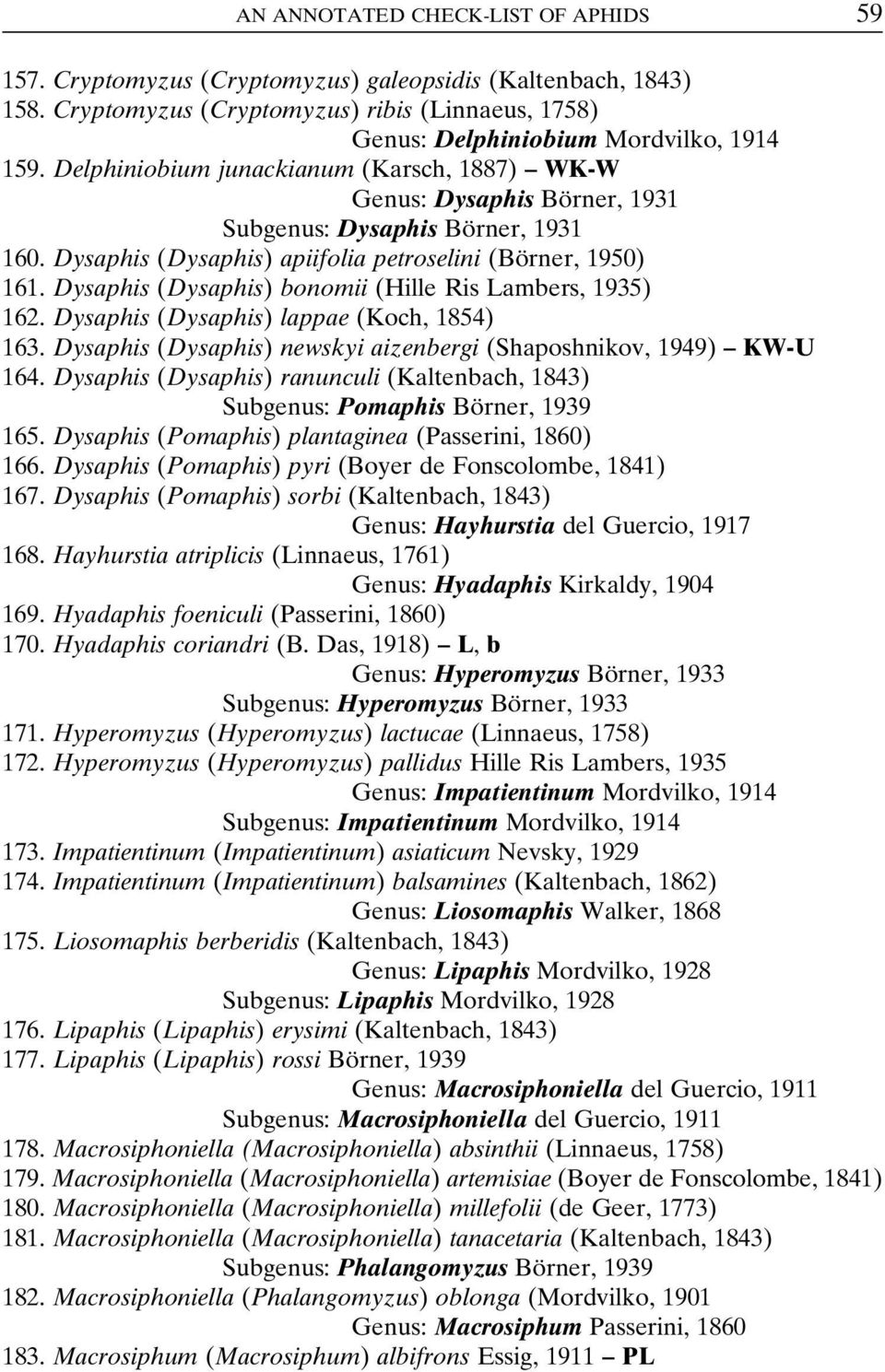 Dysaphis (Dysaphis) bonomii (Hille Ris Lambers, 1935) 162. Dysaphis (Dysaphis) lappae (Koch, 1854) 163. Dysaphis (Dysaphis) newskyi aizenbergi (Shaposhnikov, 1949) ± KW-U 164.