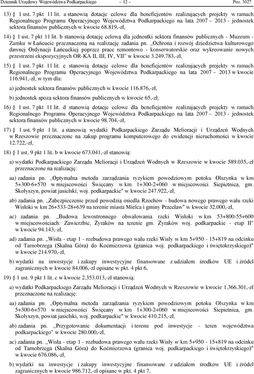 kwocie 68.819,-zł, 14) 1 ust. 7 pkt 11 lit. b stanowią dotację celową dla jednostki sektora finansów publicznych - Muzeum - Zamku w Łańcucie przeznaczoną na realizację zadania pn.