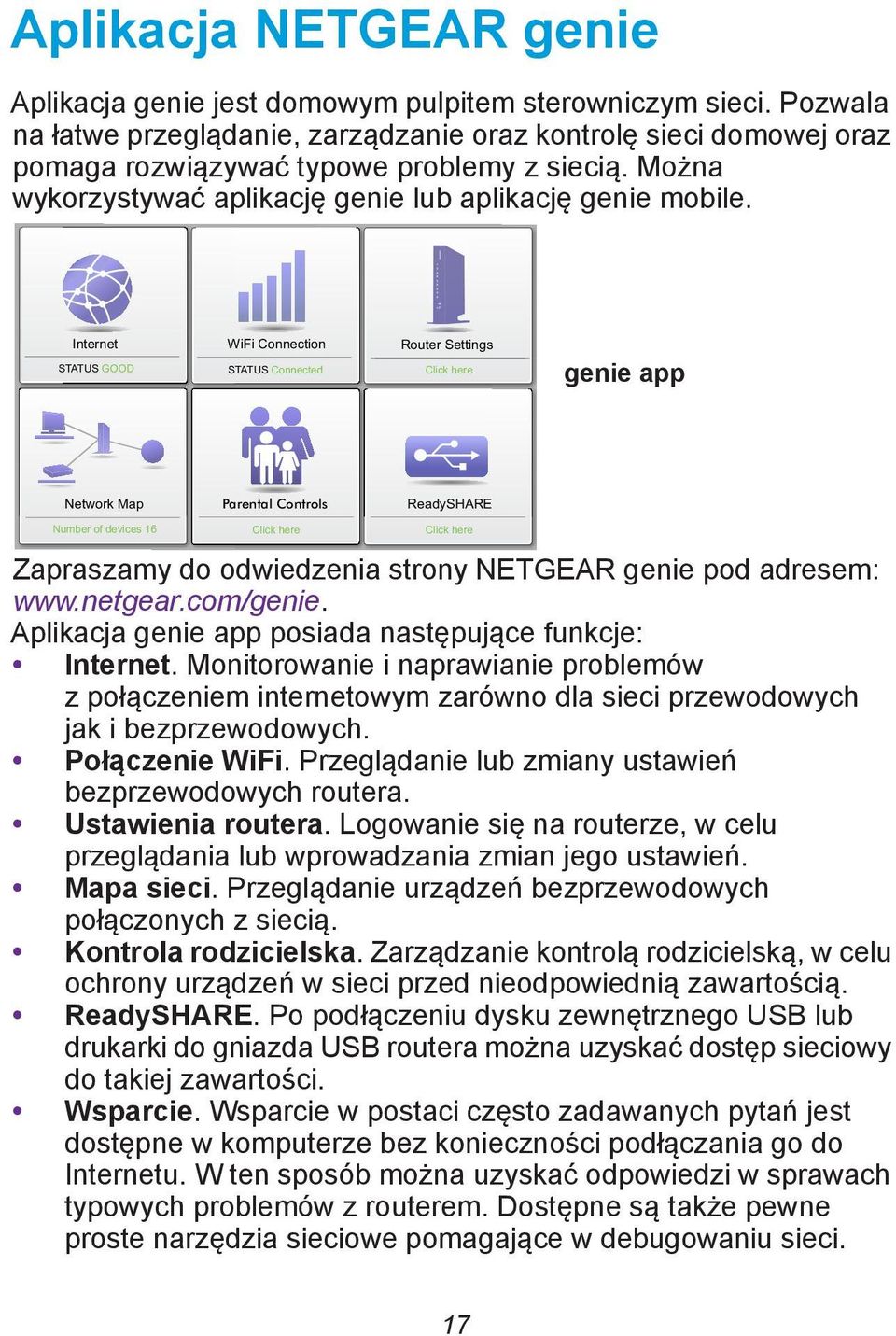 Internet STATUS GOOD WiFi Connection STATUS Connected Router Settings Click here genie app Network Map Parental Controls ReadySHARE Number of devices 16 Click here Click here Zapraszamy do