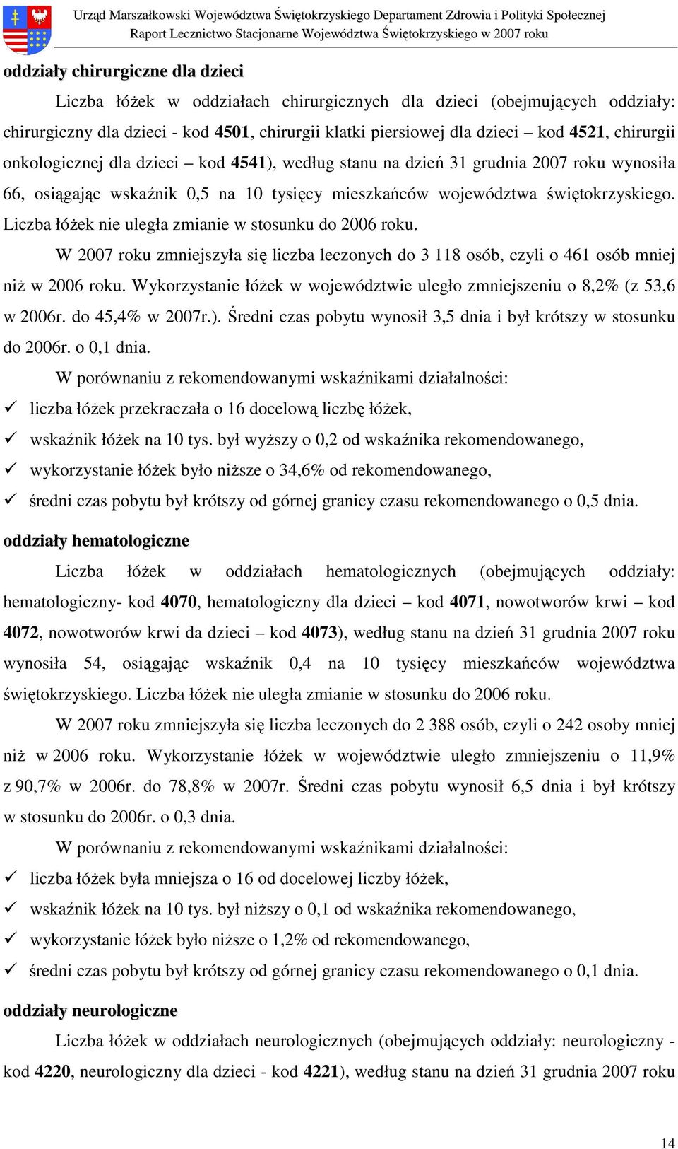 Liczba łóŝek nie uległa zmianie w stosunku do 2006 roku. W 2007 roku zmniejszyła się liczba leczonych do 3 118 osób, czyli o 461 osób mniej niŝ w 2006 roku.