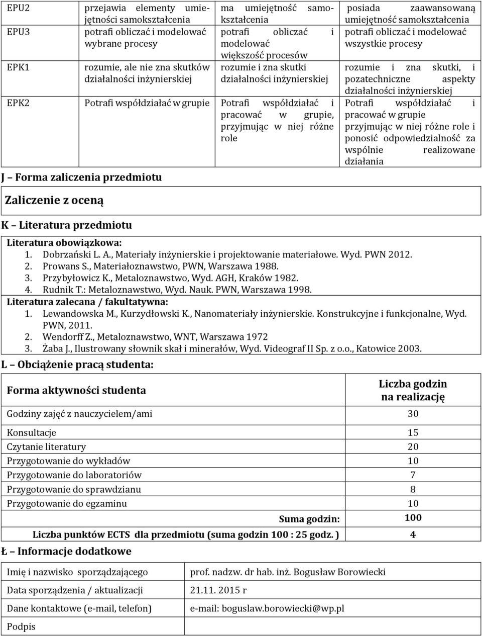 role J Forma zaliczenia przedmiotu posiada zaawansowaną umiejętność samokształcenia potrafi obliczać i modelować wszystkie procesy rozumie i zna skutki, i pozatechniczne aspekty działalności