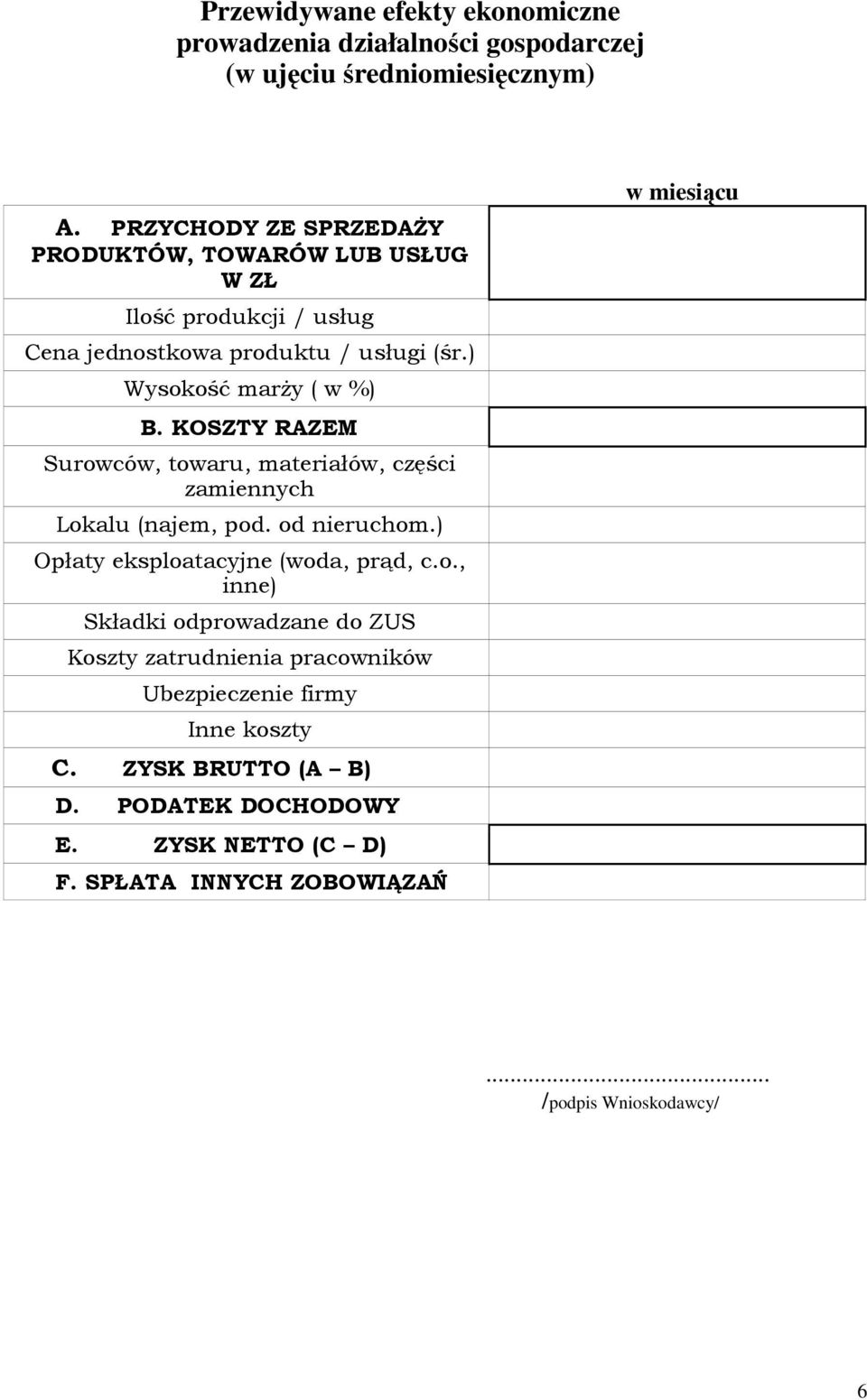 KOSZTY RAZEM Surowców, towaru, materiałów, części zamiennych Lokalu (najem, pod. od nieruchom.) Opłaty eksploatacyjne (woda, prąd, c.o., inne) Składki odprowadzane do ZUS Koszty zatrudnienia pracowników Ubezpieczenie firmy Inne koszty C.