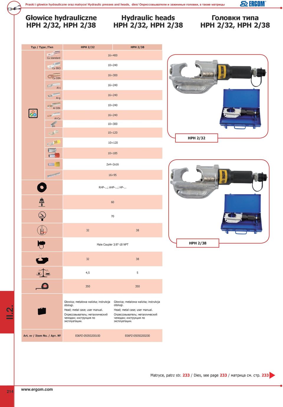 .. 60 32 38 Male Coupler 3/8-18 NPT HPH 2/38 32 38 4,5 5 350 350 Głowica; metalowa walizka; instrukcja obsługi. Head; metal case; user manual.