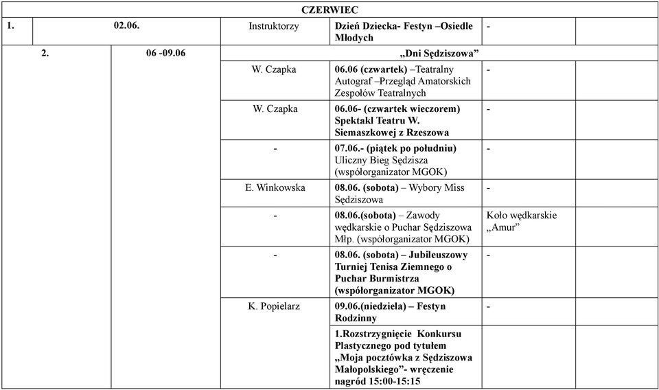 Winkowska 08.06. (sobota) Wybory Miss Sędziszowa 08.06.(sobota) Zawody wędkarskie o Puchar Sędziszowa Młp. 08.06. (sobota) Jubileuszowy Turniej Tenisa Ziemnego o Puchar Burmistrza K.