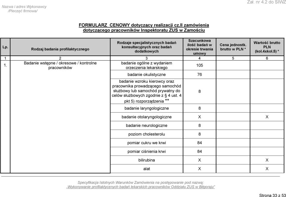 brutto w PLN * Wartość brutto PLN (kol.4xkol.5) * 1 2 3 4 5 6 Badanie wstępne / okresowe / kontrolne badanie ogólne z wydaniem 1.
