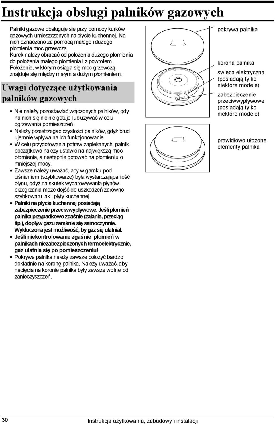 Uwagi dotyczące użytkowania palników gazowych Nie należy pozostawiać włączonych palników, gdy na nich się nic nie gotuje lub używać w celu ogrzewania pomieszczeń!