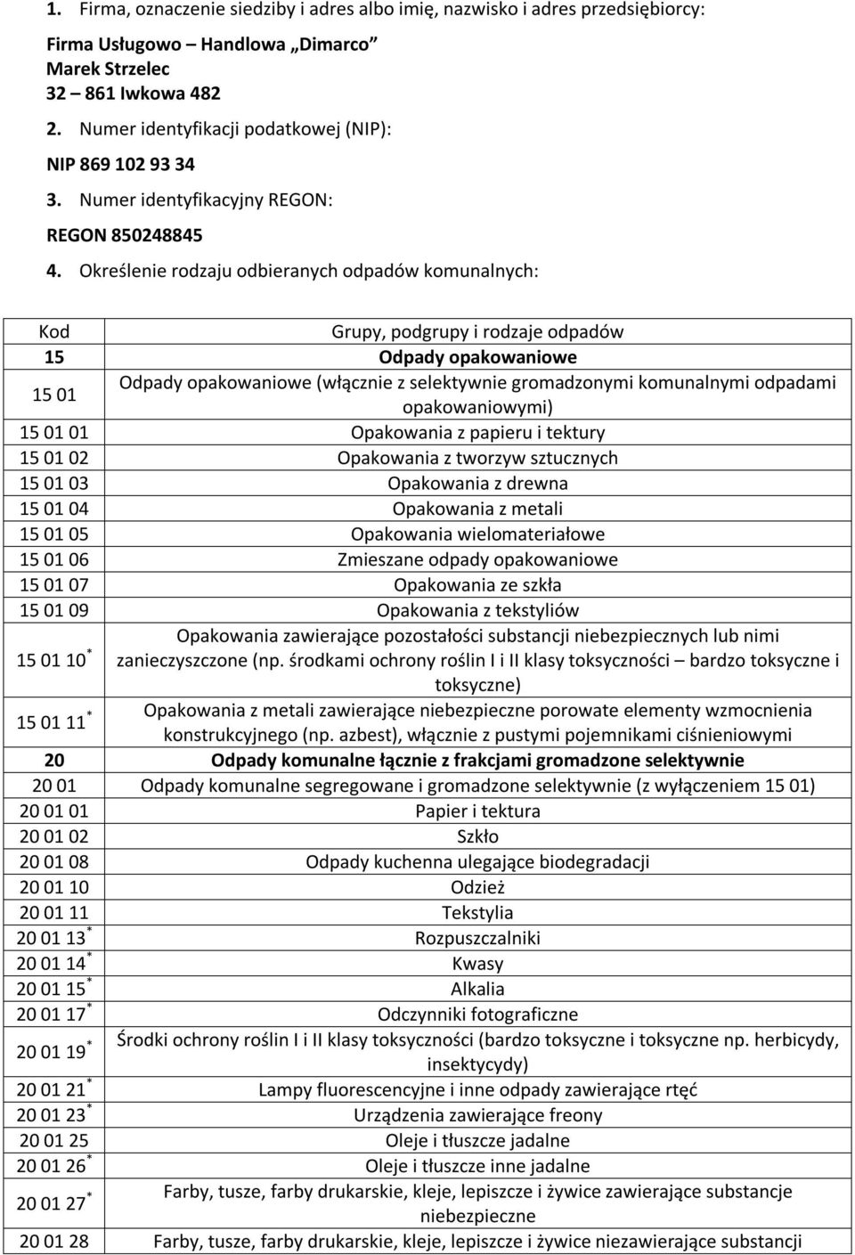 Określenie rodzaju odbieranych odpadów komunalnych: 15 01 10 * Kod Grupy, podgrupy i rodzaje odpadów 15 Odpady opakowaniowe 15 01 Odpady opakowaniowe (włącznie z selektywnie gromadzonymi komunalnymi