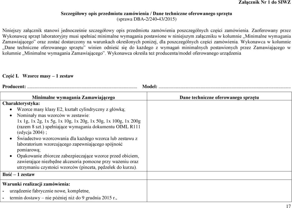 Zaoferowany przez Wykonawcę sprzęt laboratoryjny musi spełniać minimalne wymagania postawione w niniejszym załączniku w kolumnie Minimalne wymagania Zamawiającego oraz zostać dostarczony na warunkach