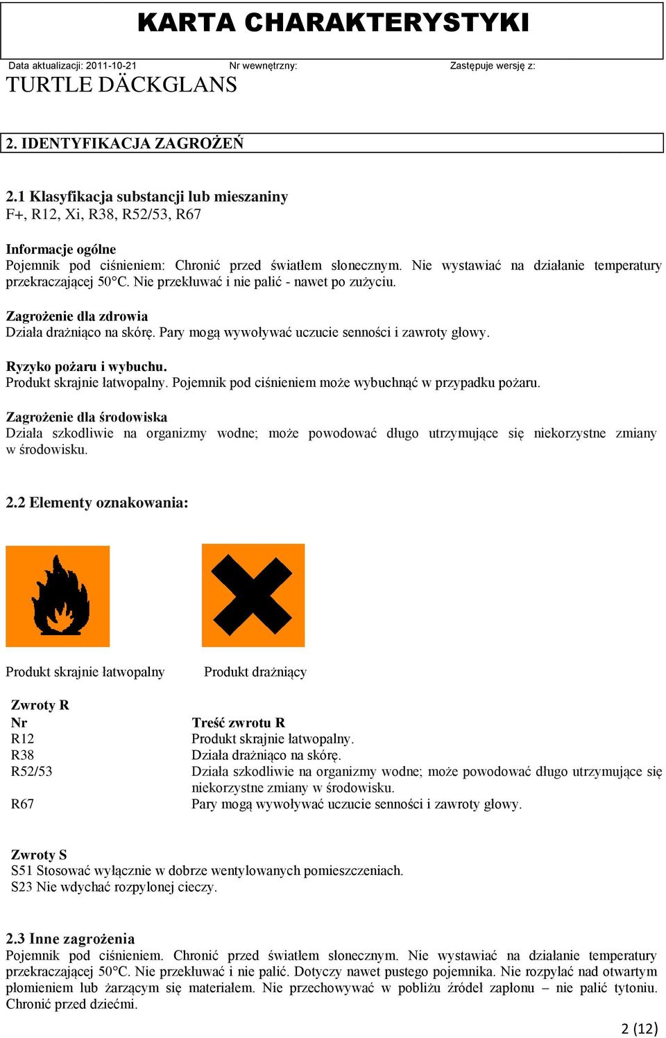 Pary mogą wywoływać uczucie senności i zawroty głowy. Ryzyko pożaru i wybuchu. Produkt skrajnie łatwopalny. Pojemnik pod ciśnieniem może wybuchnąć w przypadku pożaru.