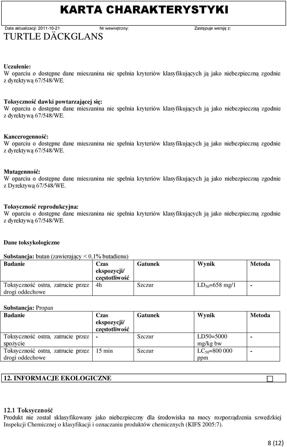 Dane toksykologiczne Substancja: butan (zawierający < 0,1% butadienu) Badanie Czas Gatunek Wynik Metoda ekspozycji/ częstotliwość Toksyczność ostra, zatrucie przez drogi oddechowe 4h Szczur LD 50