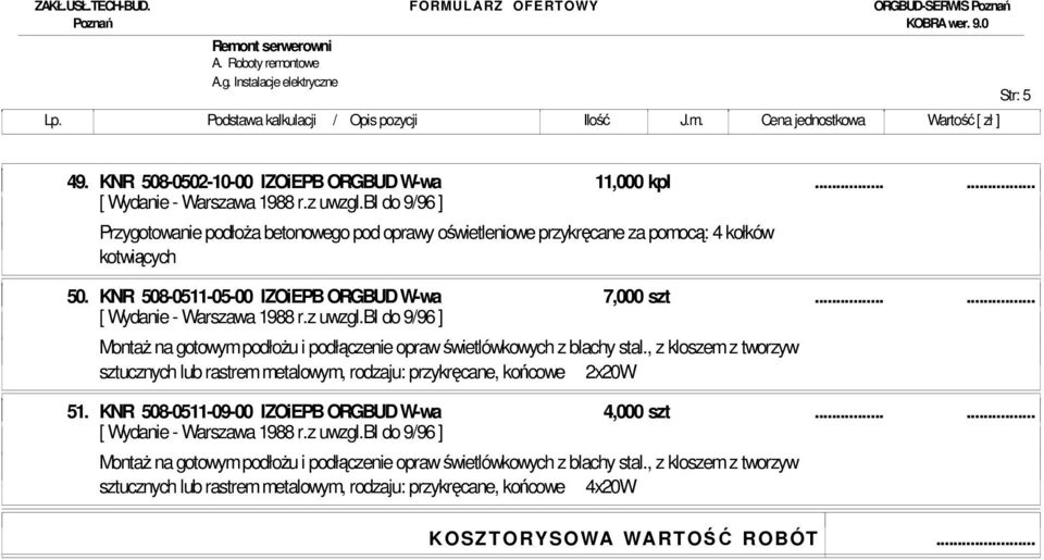 ..... MontaŜ na gotowym podłoŝu i podłączenie opraw świetlówkowych z blachy stal., z kloszem z tworzyw sztucznych lub rastrem metalowym, rodzaju: przykręcane, końcowe 2x20W 51.