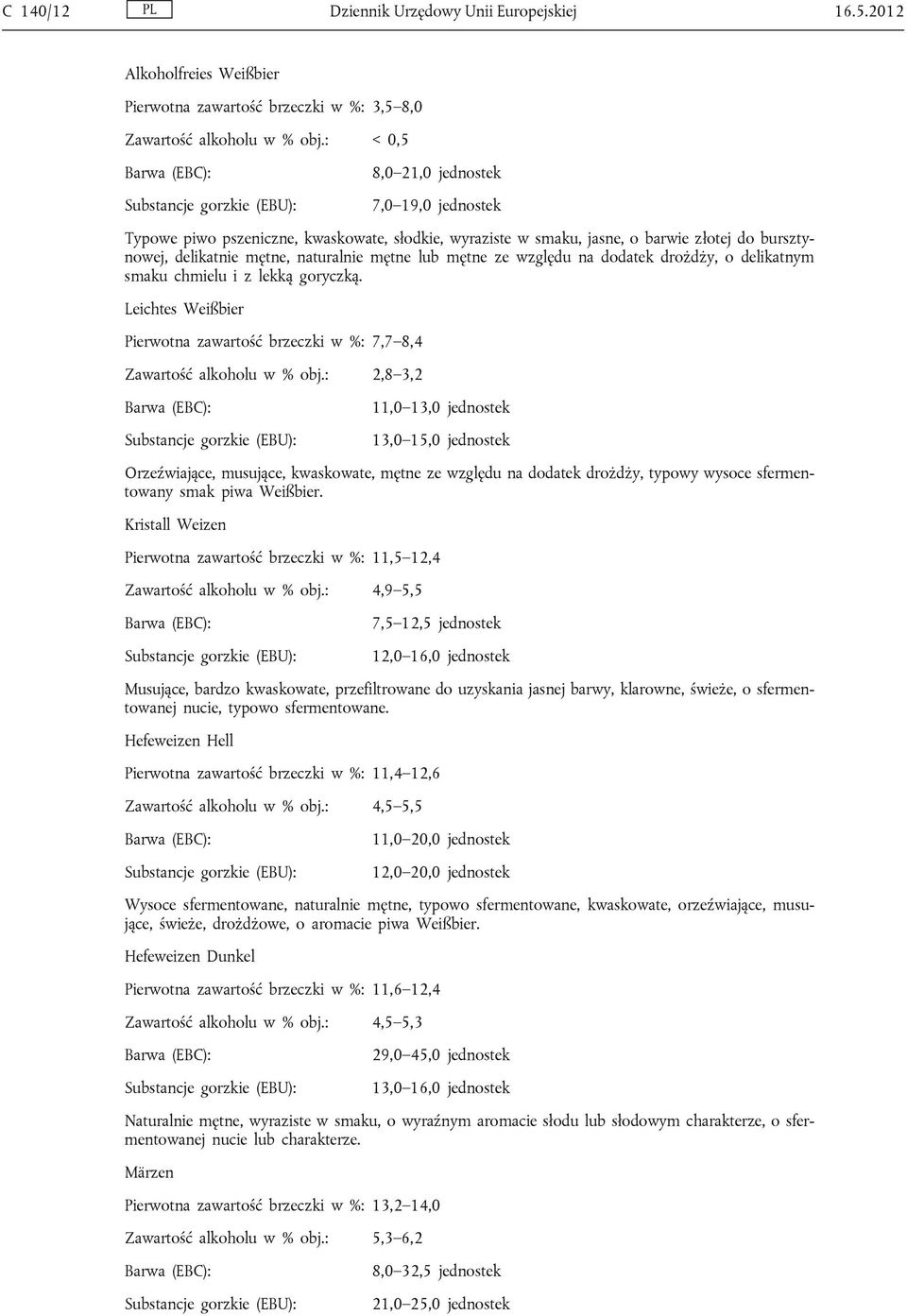 względu na dodatek drożdży, o delikatnym smaku chmielu i z lekką goryczką. Leichtes Weißbier Pierwotna zawartość brzeczki w %: 7,7 8,4 Zawartość alkoholu w % obj.