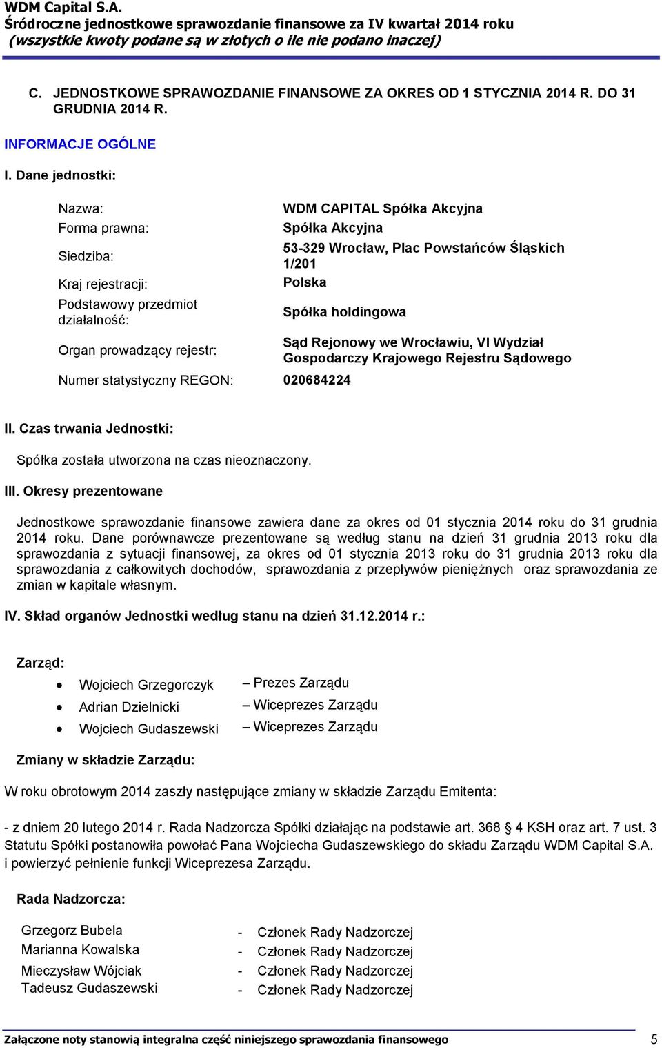 Śląskich 1/201 Polska Spółka holdingowa Numer statystyczny REGON: 020684224 Sąd Rejonowy we Wrocławiu, VI Wydział Gospodarczy Krajowego Rejestru Sądowego II.