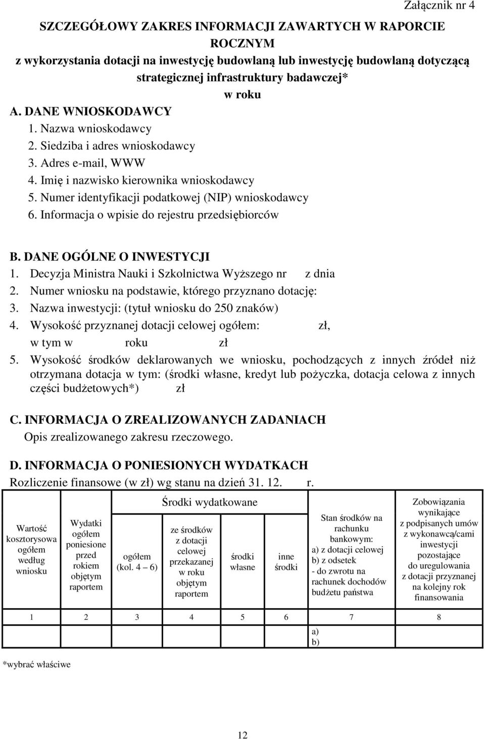 Informacja o wpisie do rejestru przedsiębiorców B. DANE OGÓLNE O INWESTYCJI 1. Decyzja Ministra Nauki i Szkolnictwa Wyższego nr z dnia 2. Numer wniosku na podstawie, którego przyznano dotację: 3.