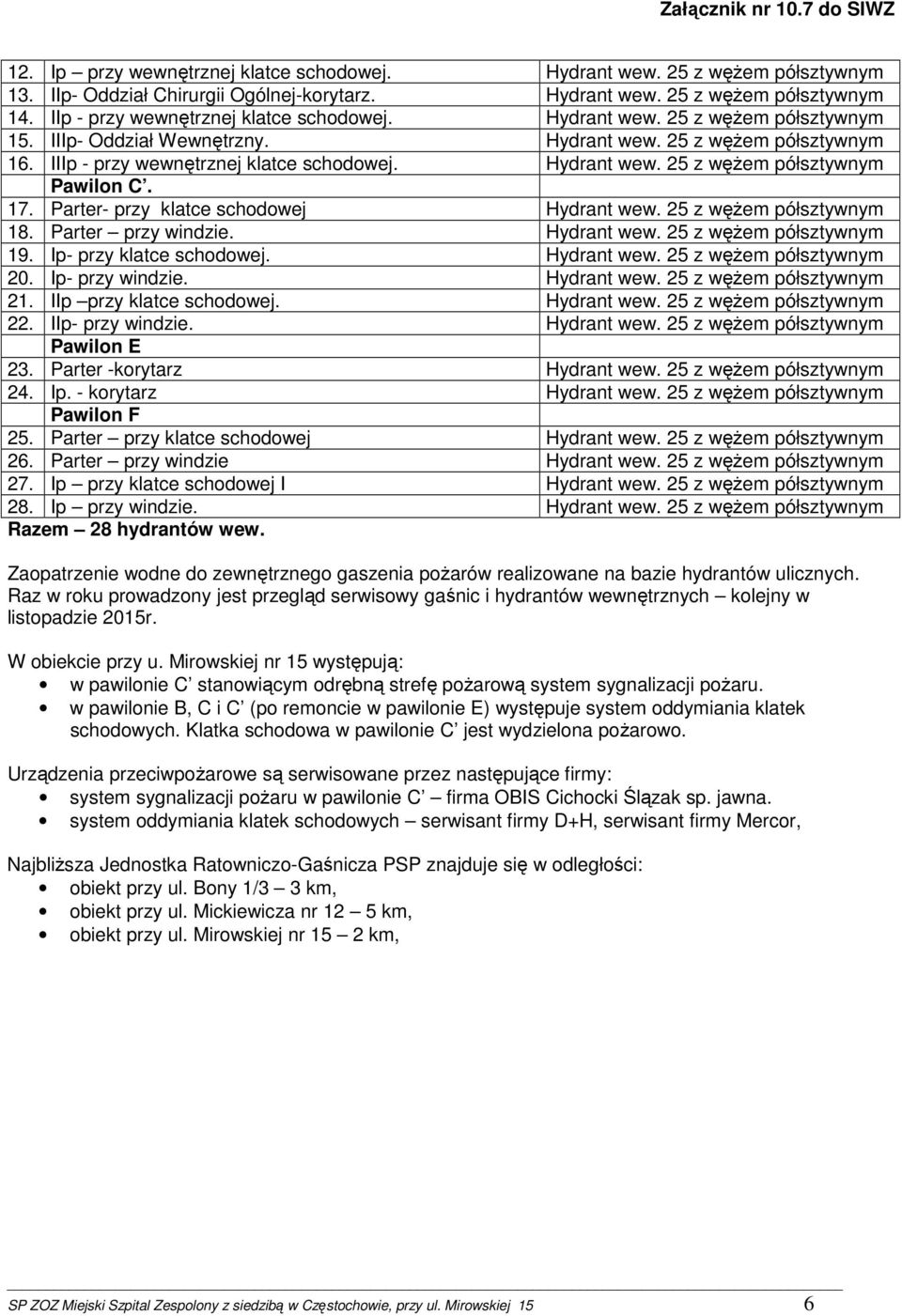 IIp- przy windzie. Pawilon E 23. Parter -korytarz 24. Ip. - korytarz Pawilon F 25. Parter przy klatce schodowej 26. Parter przy windzie 27. Ip przy klatce schodowej I 28. Ip przy windzie.