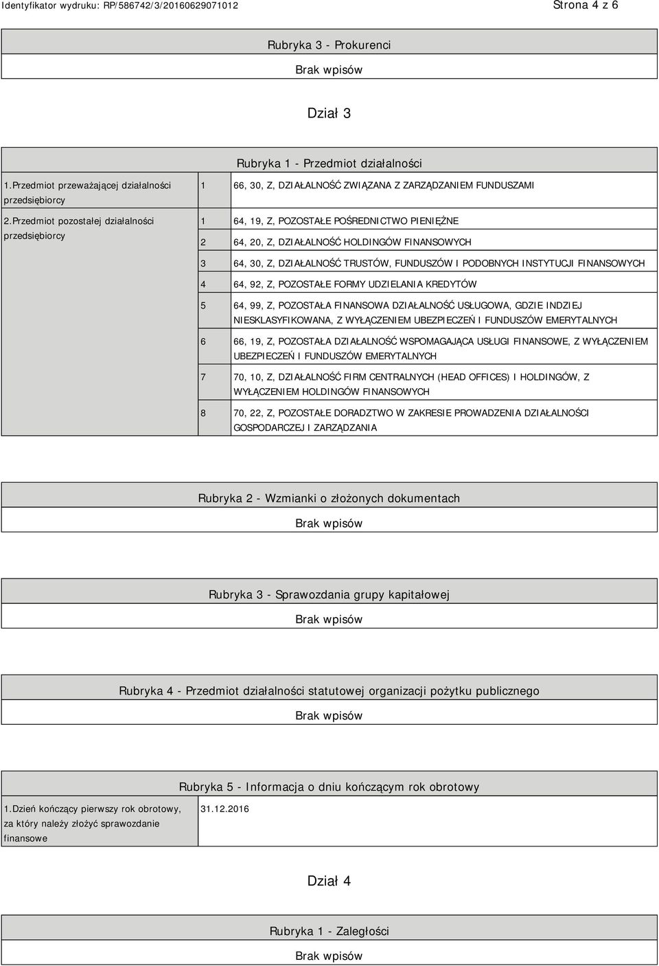 3 64, 30, Z, DZIAŁALNOŚĆ TRUSTÓW, FUNDUSZÓW I PODOBNYCH INSTYTUCJI FINANSOWYCH 4 64, 92, Z, POZOSTAŁE FORMY UDZIELANIA KREDYTÓW 5 64, 99, Z, POZOSTAŁA FINANSOWA DZIAŁALNOŚĆ USŁUGOWA, GDZIE INDZIEJ