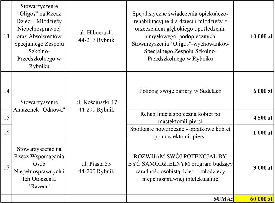 Zespołu Szkolno- Przedszkolnego w Rybniku 10 000 zł 14 Pokonaj swoje bariery w Sudetach 6 000 zł 15 16 Amazonek "Odnowa" ul.