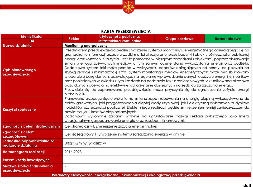 stworzenie systemu monitoringu energetycznego opierającego się na gromadzeniu informacji przede wszystkim o ilości zużywanej przez budynki i obiekty użyteczności publicznej oraz kosztach jej zużycia.