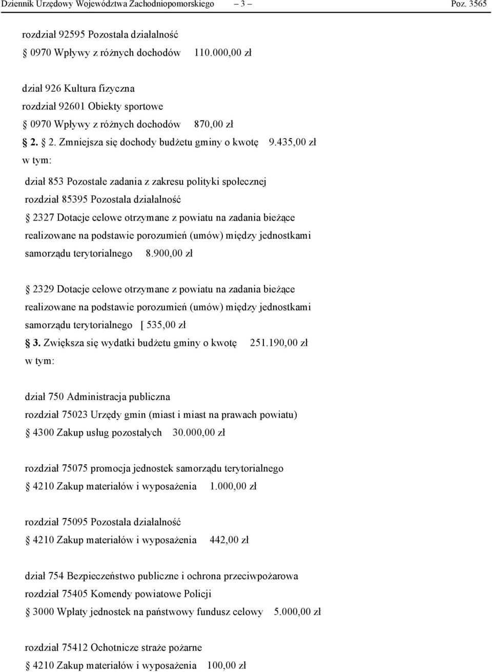 435,00 zł dział 853 Pozostałe zadania z zakresu polityki społecznej rozdział 85395 Pozostała działalność 2327 Dotacje celowe otrzymane z powiatu na zadania bieżące realizowane na podstawie porozumień