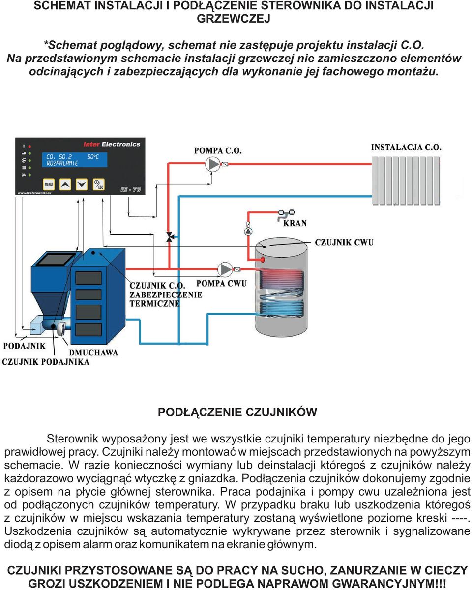 PODŁĄCZENIE CZUJNIKÓW Sterownik wyposażony jest we wszystkie czujniki temperatury niezbędne do jego prawidłowej pracy. Czujniki należy montować w miejscach przedstawionych na powyższym schemacie.