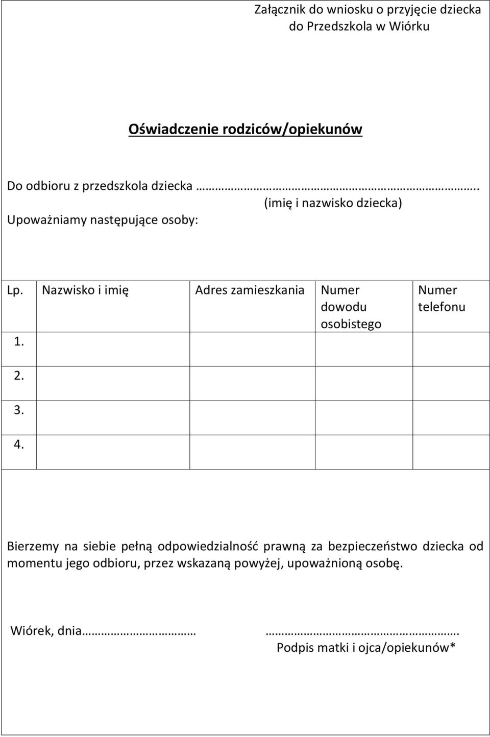 Nazwisko i imię Adres zamieszkania Numer dowodu osobistego 1. Numer telefonu 2. 3. 4.
