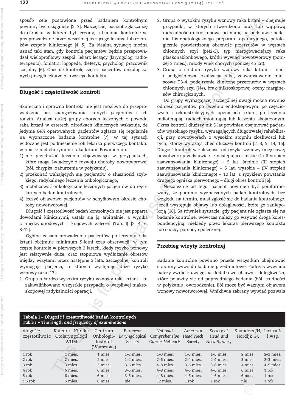 Za idealną sytuację można uznać taki stan, gdy kontrolę pacjentów będzie przeprowadzał wieloprofilowy zespół: lekarz leczący (laryngolog, radioterapeuta), foniatra, logopeda, dietetyk, psycholog,