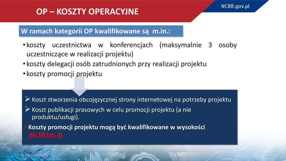 zatrudnionych przy realizacji projektu koszty promocji projektu Koszt stworzenia obcojęzycznej strony internetowej na