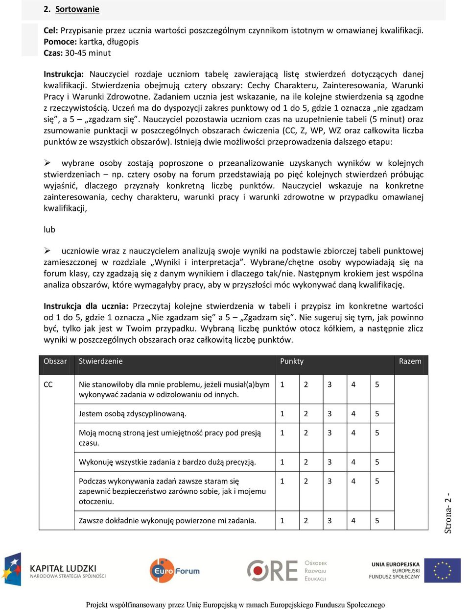 Stwierdzenia obejmują cztery obszary: Cechy Charakteru, Zainteresowania, Warunki Pracy i Warunki Zdrowotne. Zadaniem ucznia jest wskazanie, na ile kolejne stwierdzenia są zgodne z rzeczywistością.