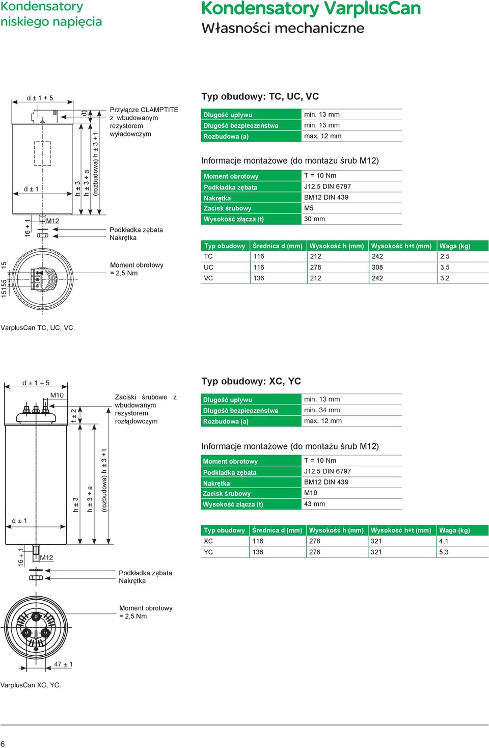 5 DIN 6797 BM12 DIN 439 Zacisk śrubowy M5 15 15155 16 + 1 M12 Moment obrotowy = 2,5 Nm Wysokość złącza (t) 30 mm Typ obudowy Średnica d (mm) Wysokość h (mm) Wysokość h+t (mm) Waga (kg) TC 116 212 242