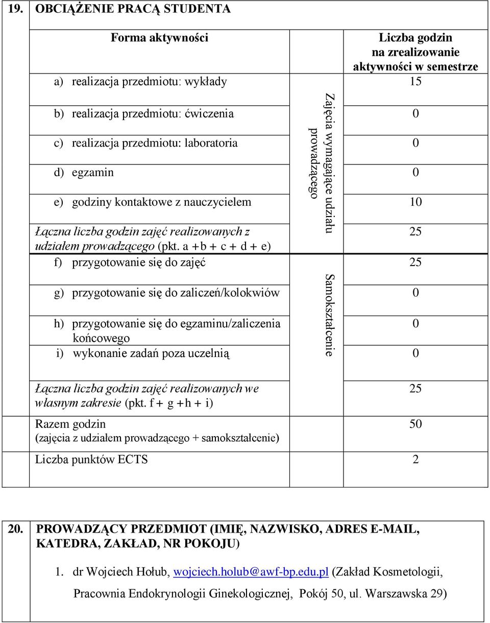 laboratoria 0 d) egzamin 0 e) godziny kontaktowe z nauczycielem 10 Łączna liczba godzin zajęć realizowanych z udziałem prowadzącego (pkt.