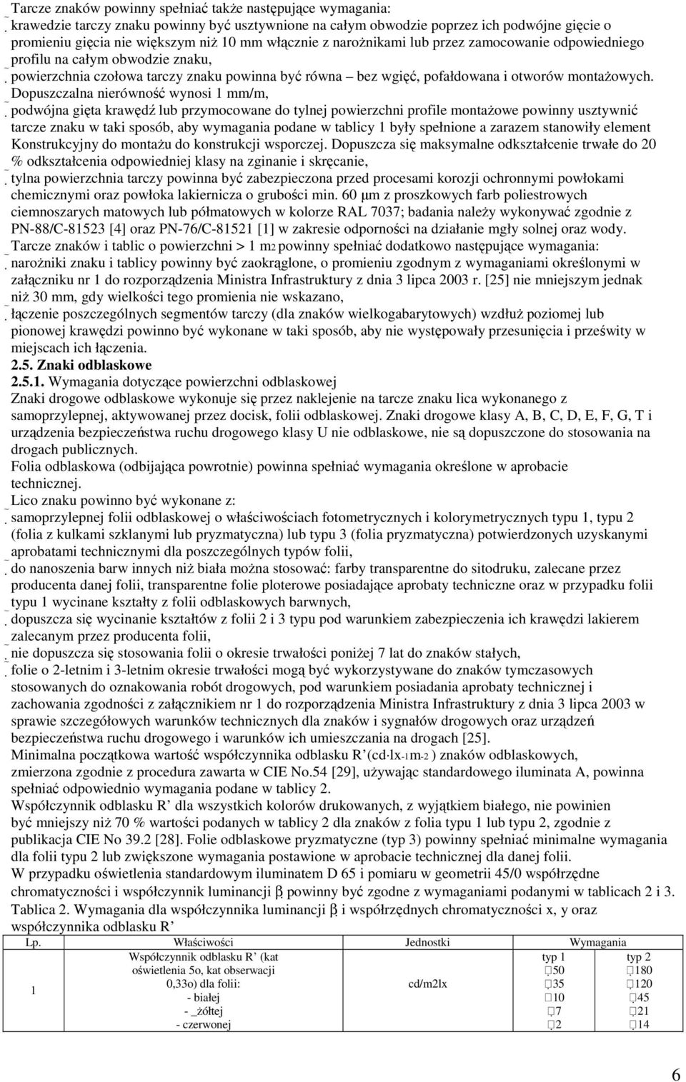 Dopuszczalna nierówność wynosi 1 mm/m, podwójna gięta krawędź lub przymocowane do tylnej powierzchni profile montaŝowe powinny usztywnić tarcze znaku w taki sposób, aby wymagania podane w tablicy 1