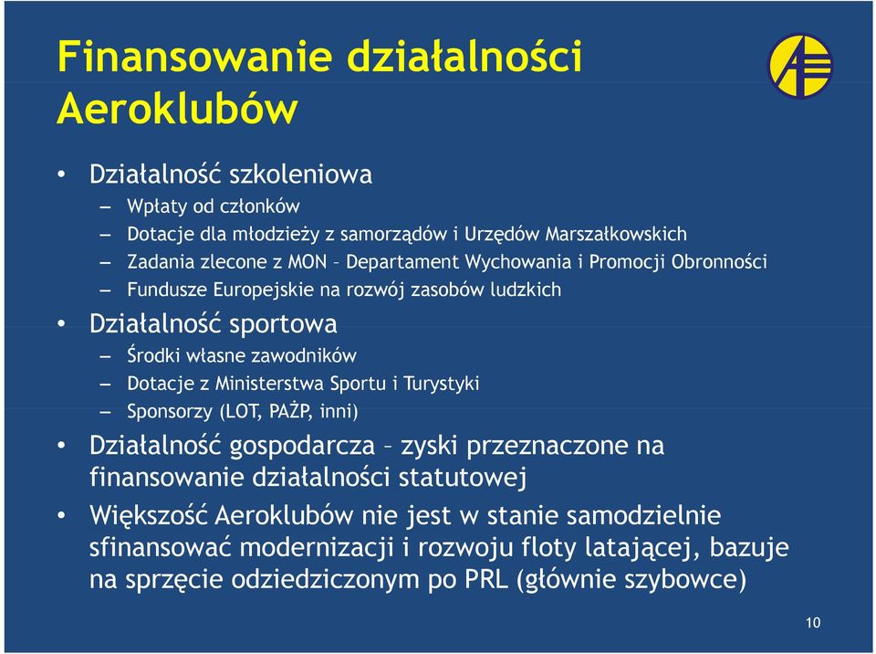 Ministerstwa Sportu i Turystyki Sponsorzy (LOT, PAŻP, inni) Działalność gospodarcza zyski przeznaczone na finansowanie działalności statutowej Większość