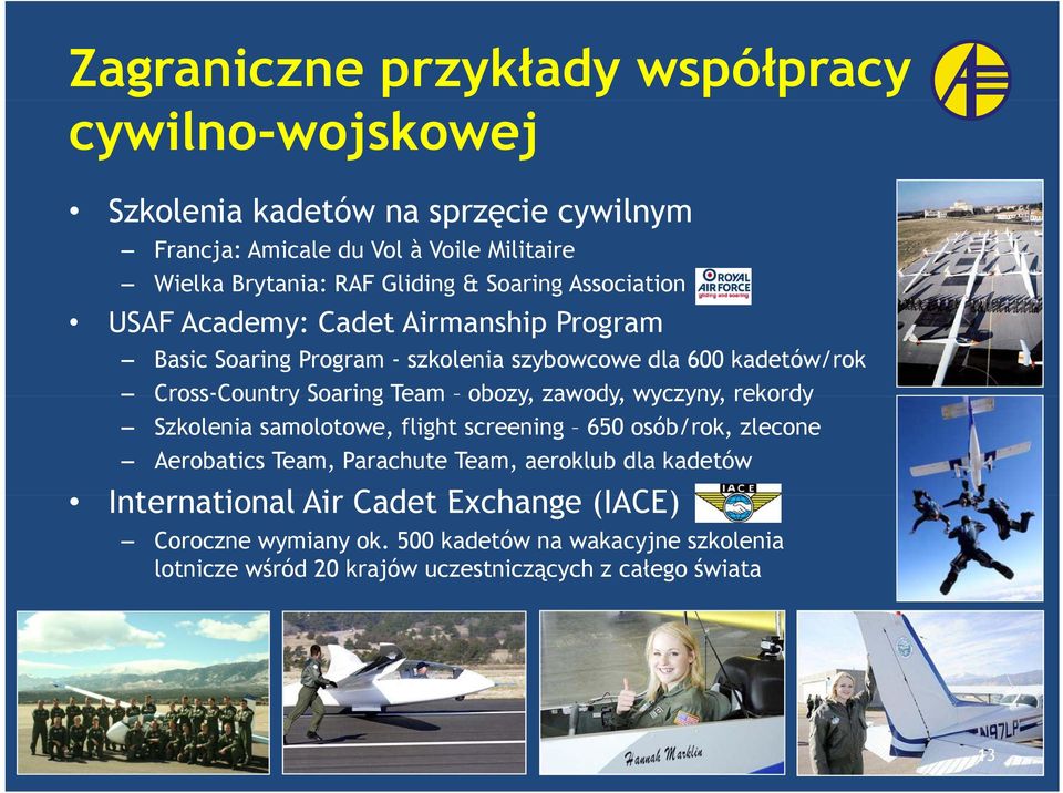 Soaring Team obozy, zawody, wyczyny, rekordy Szkolenia samolotowe, flight screening 650 osób/rok, zlecone Aerobatics Team, Parachute Team, aeroklub dla