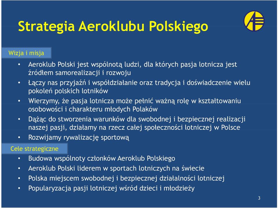 warunków dla swobodnej i bezpiecznej realizacji naszej jpasji, j, działamy na rzecz całej społeczności lotniczej w Polsce Rozwijamy rywalizację sportową Cele strategiczne Budowa wspólnoty
