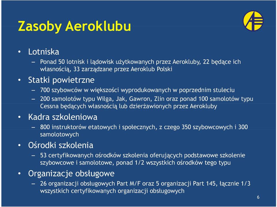 800 instruktorów etatowych i społecznych, z czego 350 szybowcowych y i 300 samolotowych Ośrodki szkolenia 53 certyfikowanych ośrodków szkolenia oferujących podstawowe szkolenie szybowcowe i