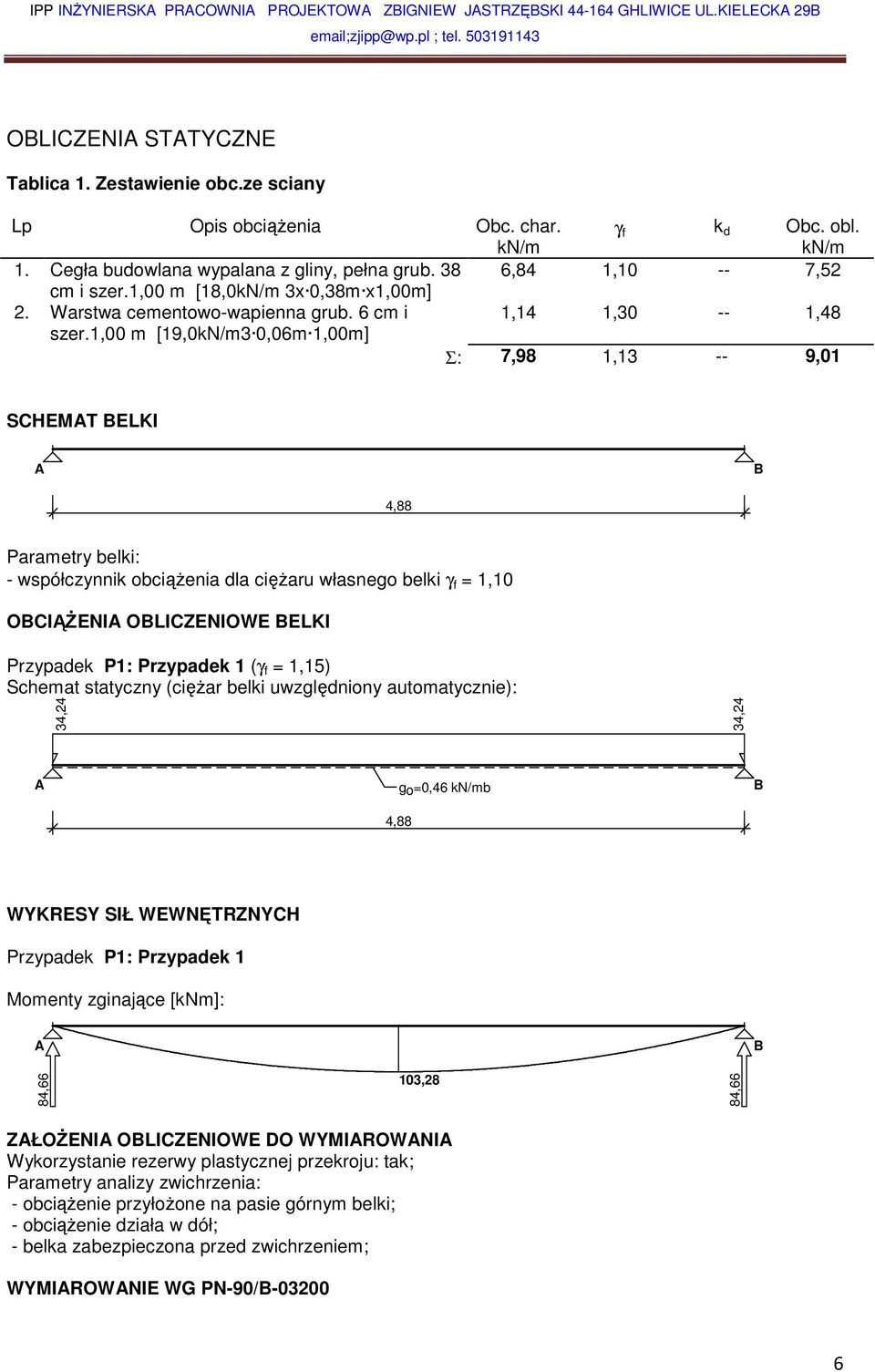 1,00 m [19,0kN/m3 0,06m 1,00m] Σ: 7,98 1,13 -- 9,01 SCHEMAT BELKI A B 4,88 Parametry belki: - współczynnik obciążenia dla ciężaru własnego belki γ f = 1,10 OBCIĄŻENIA OBLICZENIOWE BELKI Przypadek P1: