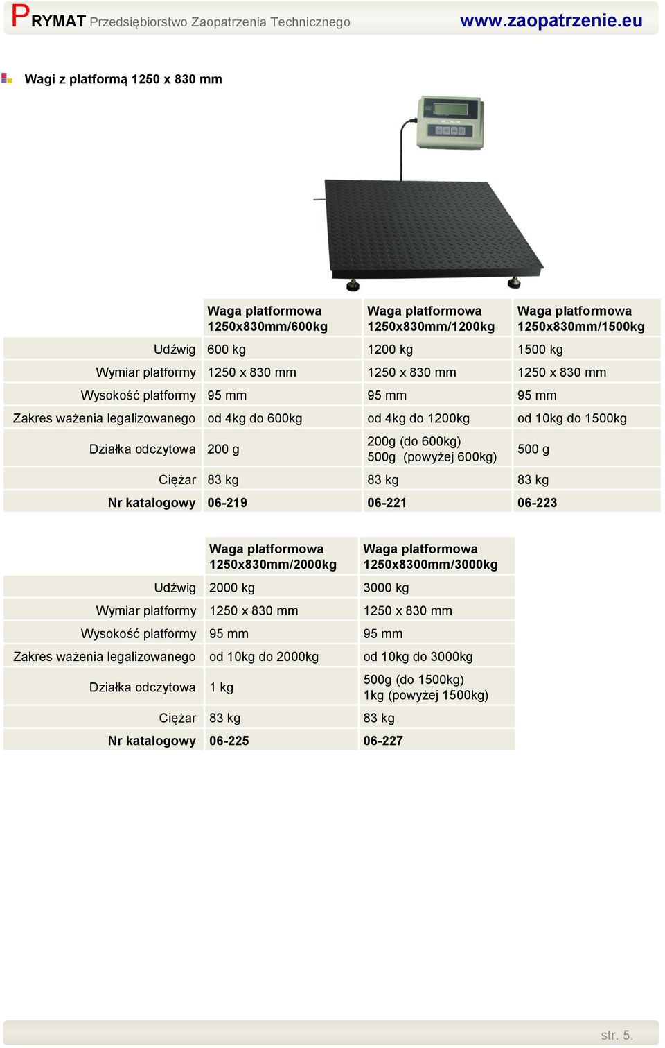 kg 83 kg Nr katalogowy 06-219 06-221 06-223 Udźwig 2000 kg 1250x830mm/2000kg Wymiar platformy 1250 x 830 mm Zakres ważenia legalizowanego