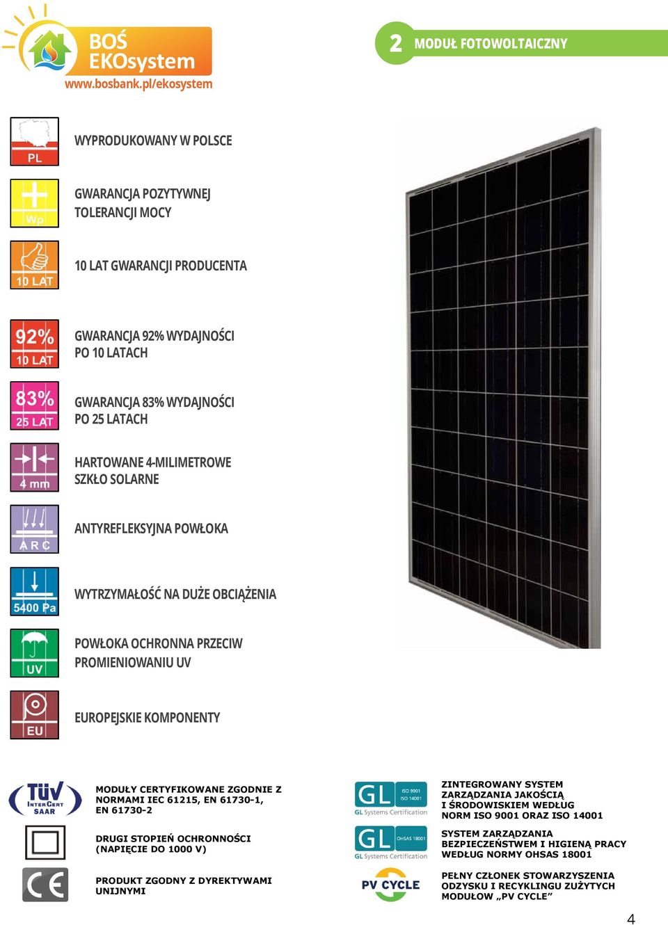 ZGODNIE Z NORMAMI IEC 61215, EN 61730-1, EN 61730-2 DRUGI STOPIEŃ OCHRONNOŚCI (NAPIĘCIE DO 1000 V) PRODUKT ZGODNY Z DYREKTYWAMI UNIJNYMI ZINTEGROWANY SYSTEM ZARZĄDZANIA JAKOŚCIĄ I