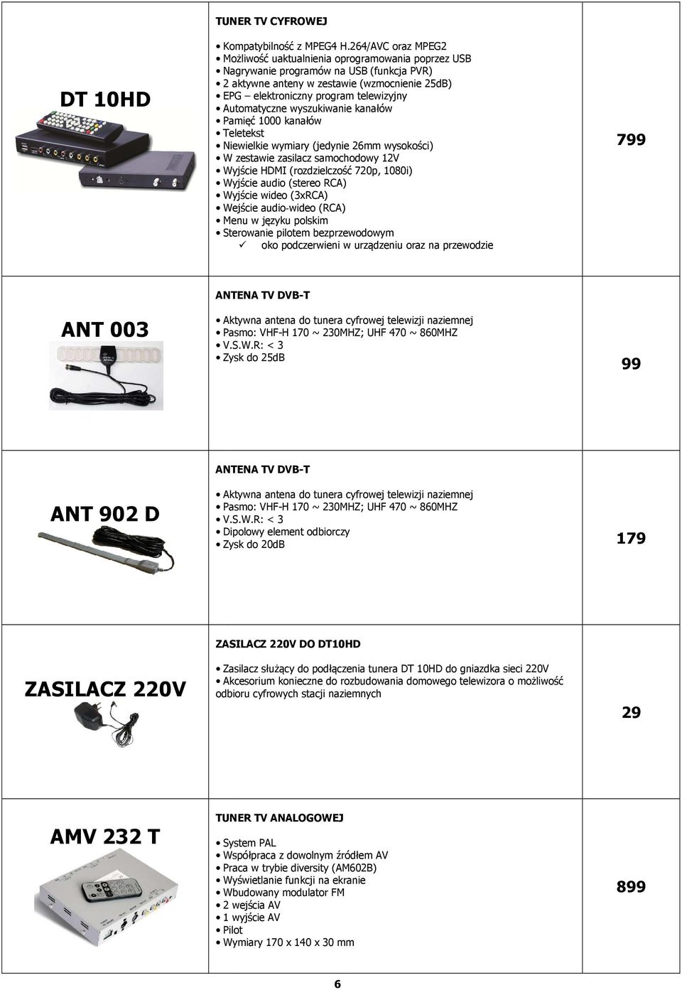 Automatyczne wyszukiwanie kanałów Pamięć 1000 kanałów Teletekst Niewielkie wymiary (jedynie 26mm wysokości) W zestawie zasilacz samochodowy 12V Wyjście HDMI (rozdzielczość 720p, 1080i) Wyjście audio