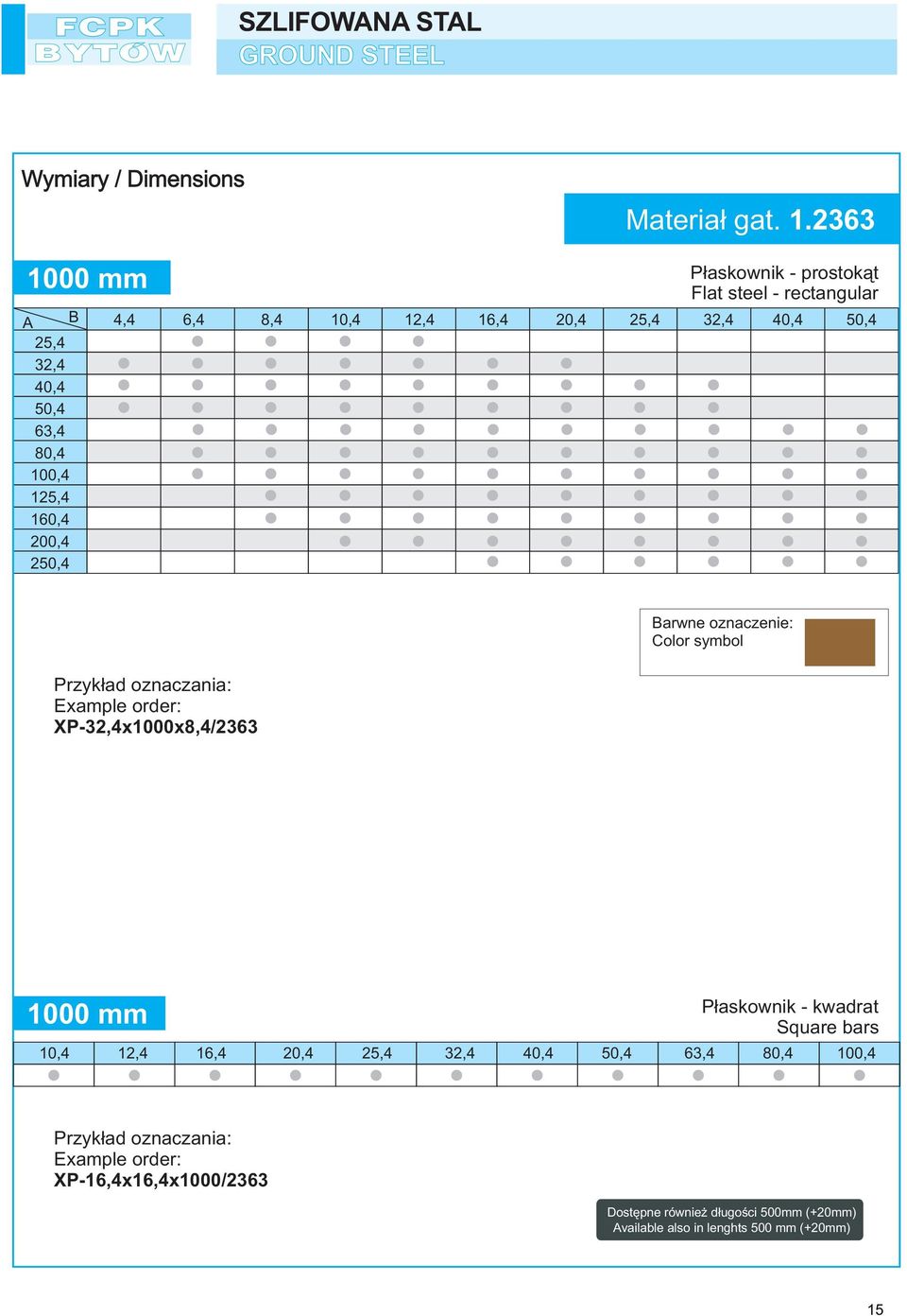 rectangular 4,4 6,4 8,4 10,4 12,4 16,4 20,4 25,4 32,4 40,4 50,4 XP-32,4x1000x8,4/2363 Barwne oznaczenie: