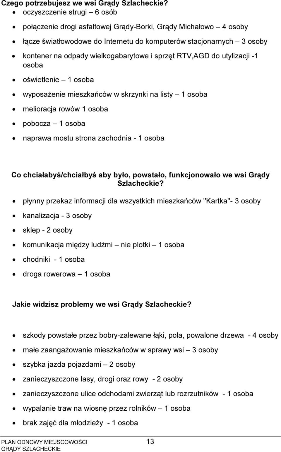 sprzęt RTV,AGD do utylizacji -1 osoba oświetlenie 1 osoba wyposażenie mieszkańców w skrzynki na listy 1 osoba melioracja rowów 1 osoba pobocza 1 osoba naprawa mostu strona zachodnia - 1 osoba Co