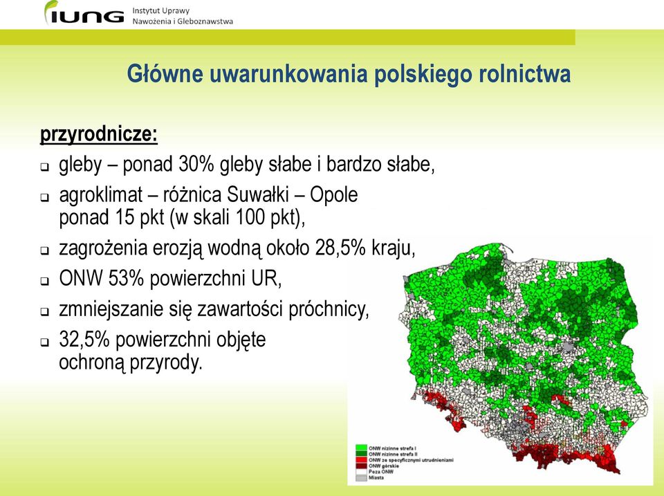 100 pkt), zagrożenia erozją wodną około 28,5% kraju, ONW 53% powierzchni UR,