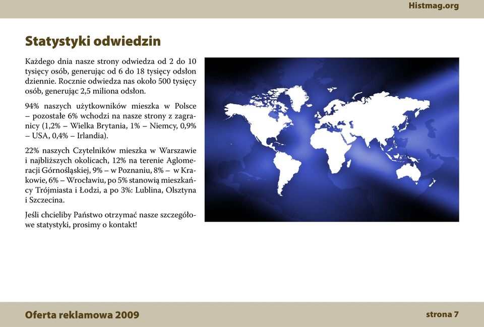 94% naszych użytkowników mieszka w Polsce pozostałe 6% wchodzi na nasze strony z zagranicy (1,2% Wielka Brytania, 1% Niemcy, 0,9% USA, 0,4% Irlandia).