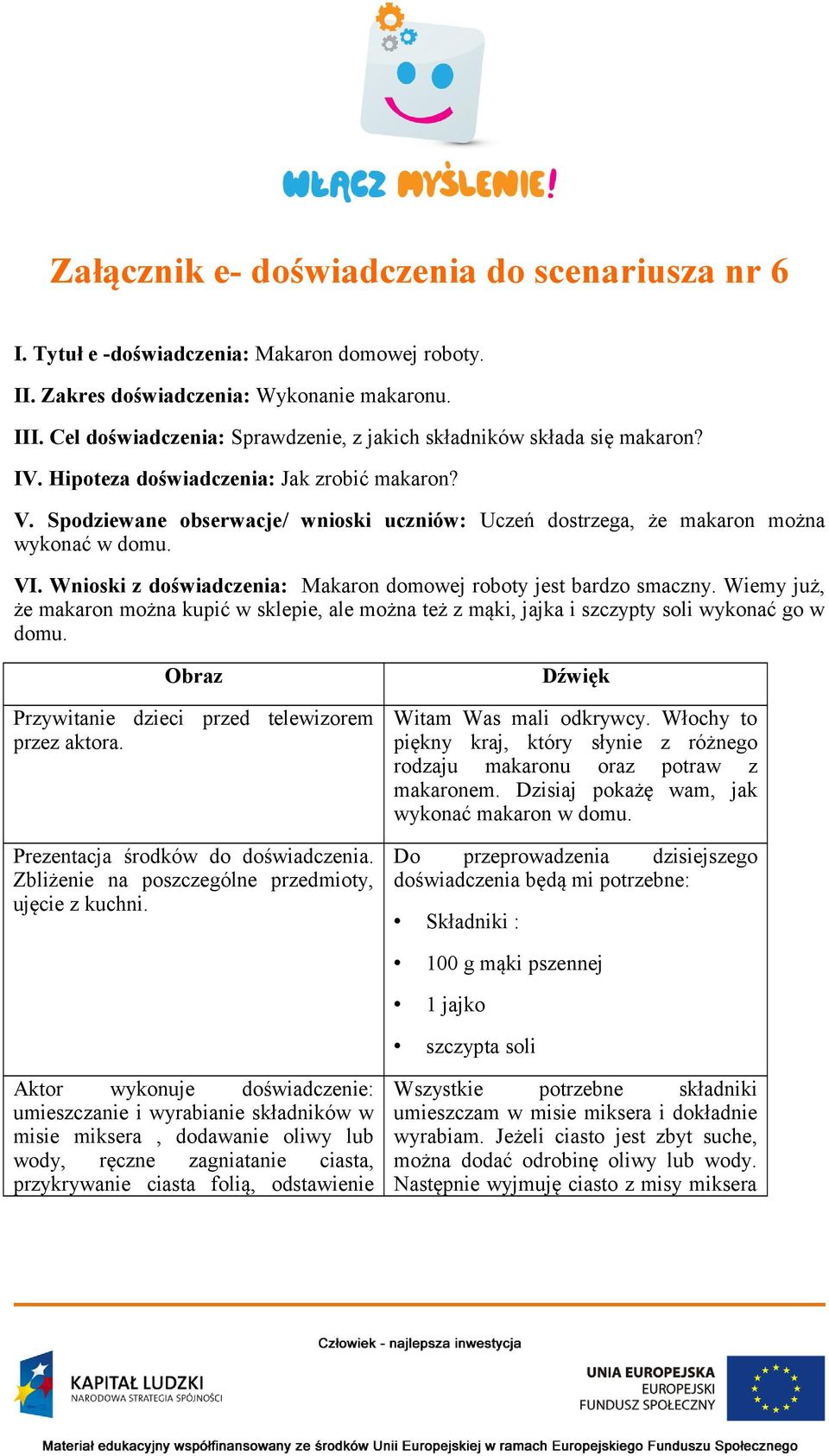 Spodziewane obserwacje/ wnioski uczniów: Uczeń dostrzega, że makaron można wykonać w domu. VI. Wnioski z doświadczenia: Makaron domowej roboty jest bardzo smaczny.