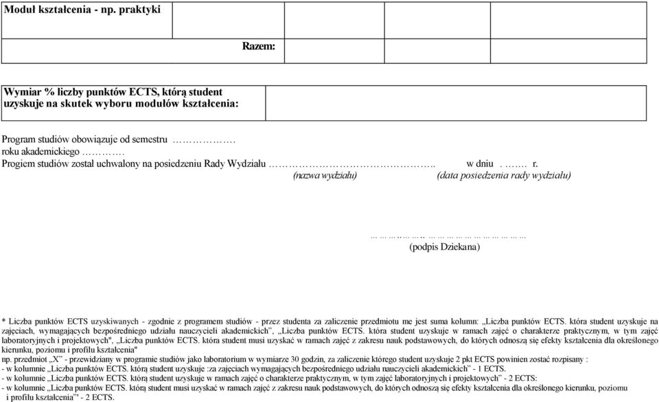 ... (podpis Dziekana) * Liczba punktów ECTS uzyskiwanych - zgodnie z programem studiów - przez studenta za zaliczenie przedmiotu me jest suma kolumn: Liczba punktów ECTS.