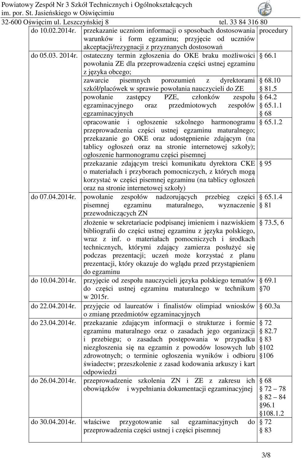 10 szkół/placówek w sprawie powołania nauczycieli do ZE powołanie zastępcy PZE, członków zespołu egzaminacyjnego oraz przedmiotowych zespołów egzaminacyjnych opracowanie i ogłoszenie szkolnego