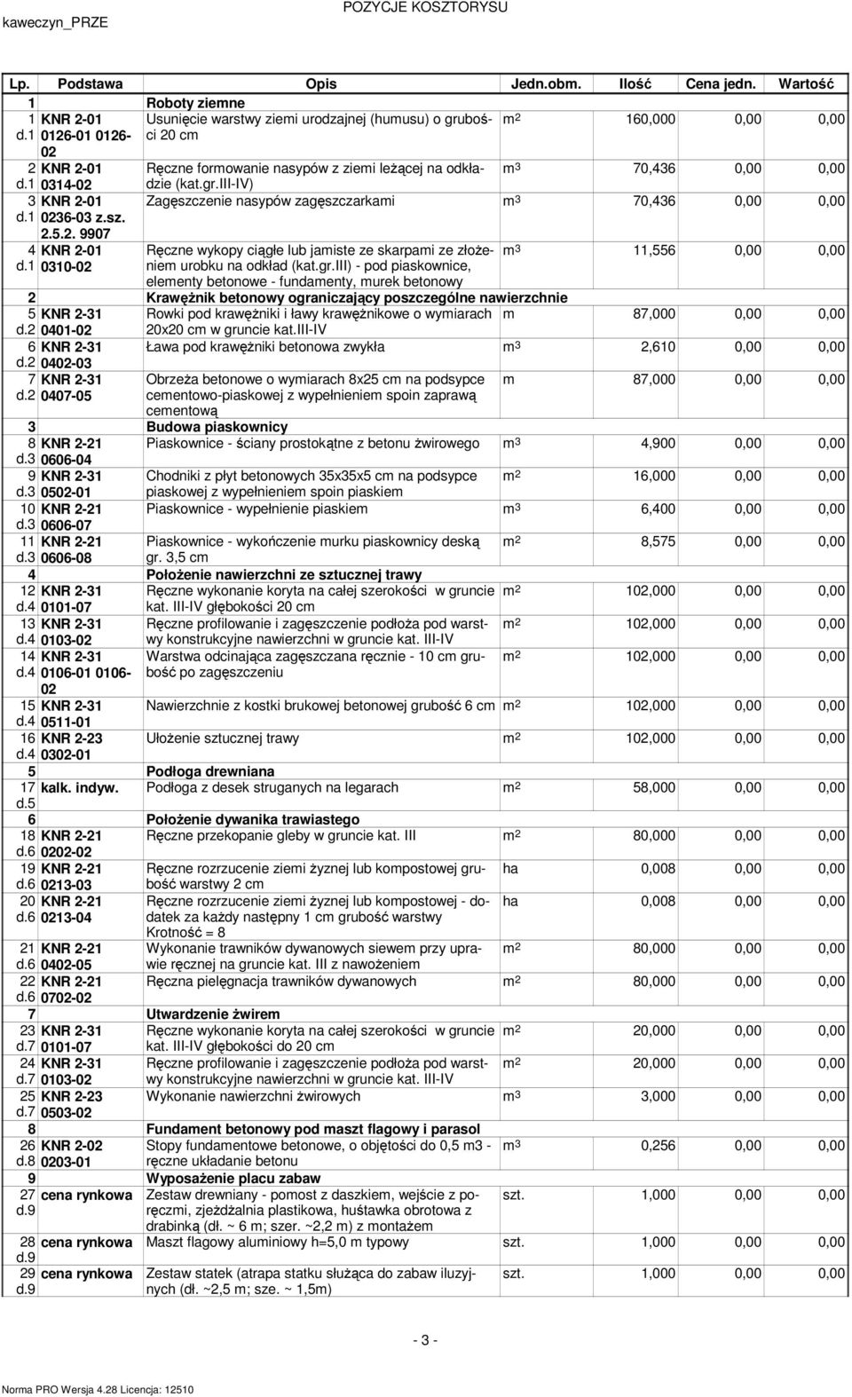 gr.iii) - pod piaskownice, elementy betonowe - fundamenty, murek betonowy m 3 11,556 0,00 0,00 2 Krawężnik betonowy ograniczający poszczególne nawierzchnie 5 KNR 2-31 Rowki pod krawężniki i ławy