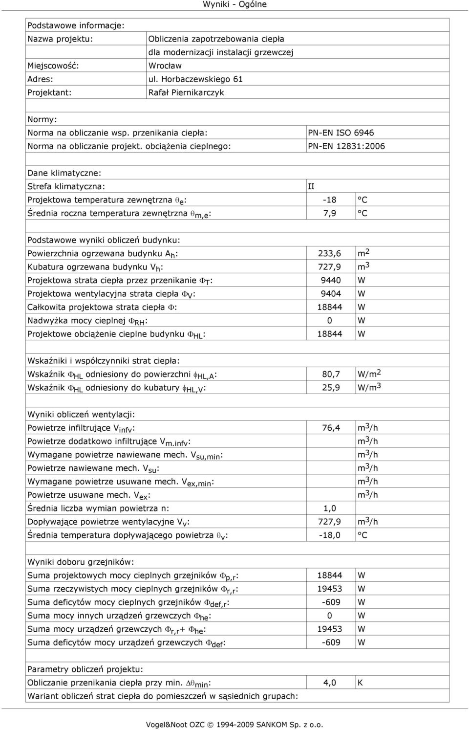 obciążenia cieplnego: PN-EN 12831:2006 Dane klimatyczne: Strefa klimatyczna: II Projektowa temperatura zewnętrzna e : -18 C Średnia roczna temperatura zewnętrzna m,e : 7,9 C Podstawowe wyniki